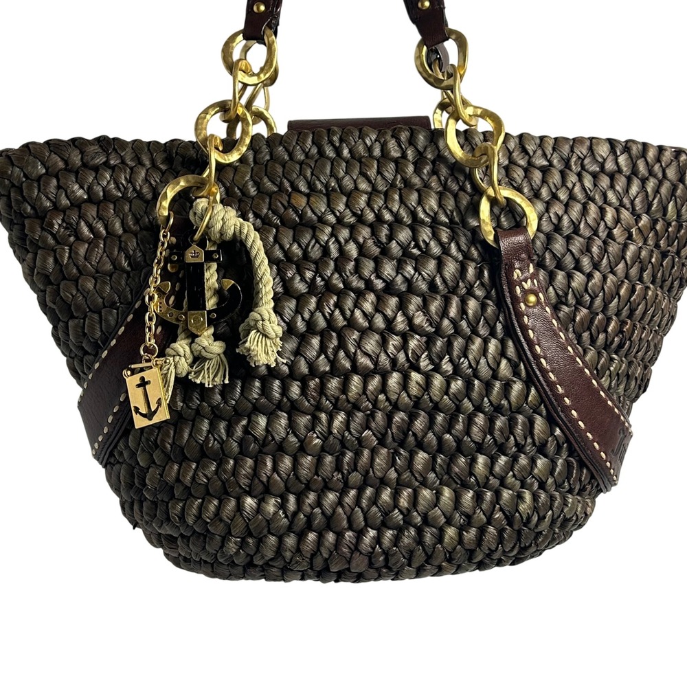 Juicy Couture Y2K Woven Straw Nautical Anchor Charm Tote Bag Brown